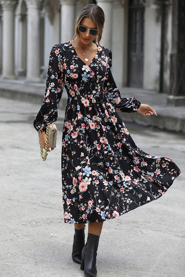 Black Floral Printed V-Neck Long Sleeves Casual Dress